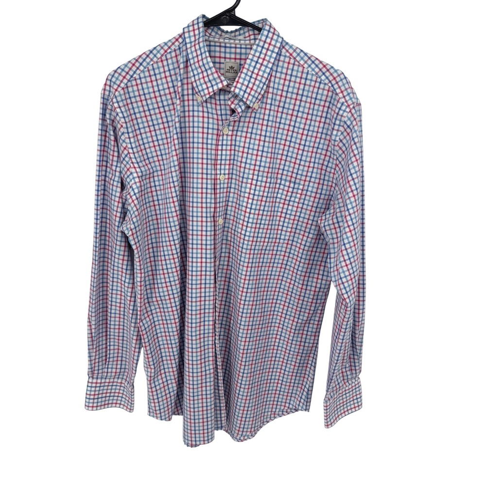 Peter Millar Button Down Shirt Mens Large White Blue Pink‎ Check Nanoluxe Cotton